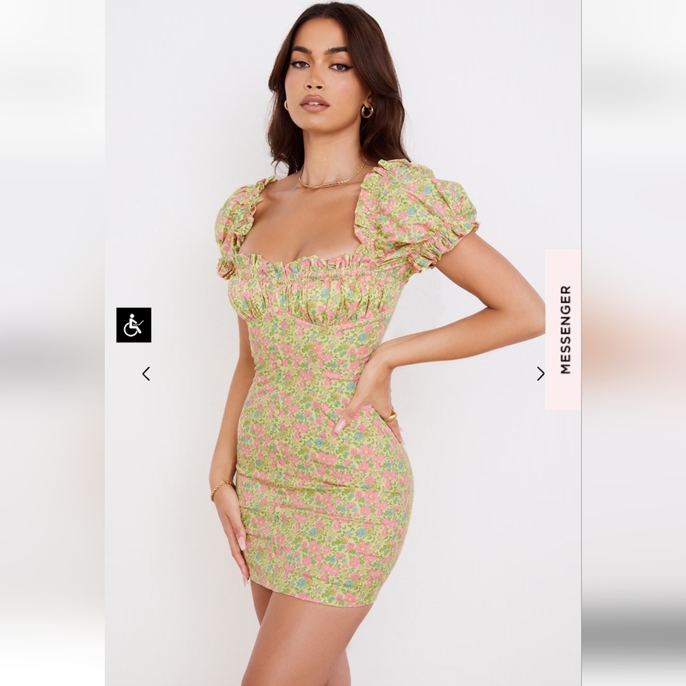 New 🩷 House of CB Tanaya Vintage Floral Puff Sleeve Mini Dress L+ - Picture 5 of 8